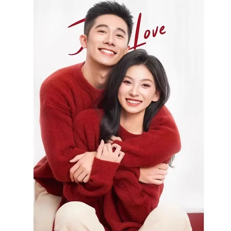 

Luy Year Large Size Knitted Sweater Couple Matching Red Color Festive Winter Casual Sle Long Sve round Ne Top
