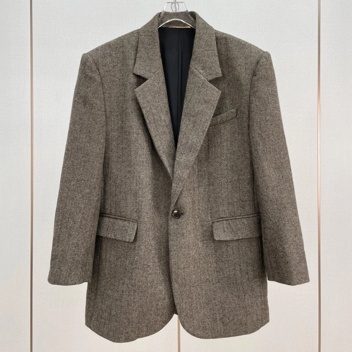 High Quality Women Herringbone Blazer, Loose Notched Lapel Suit Jacket, Vintage Single Button Outerwear lyt134646