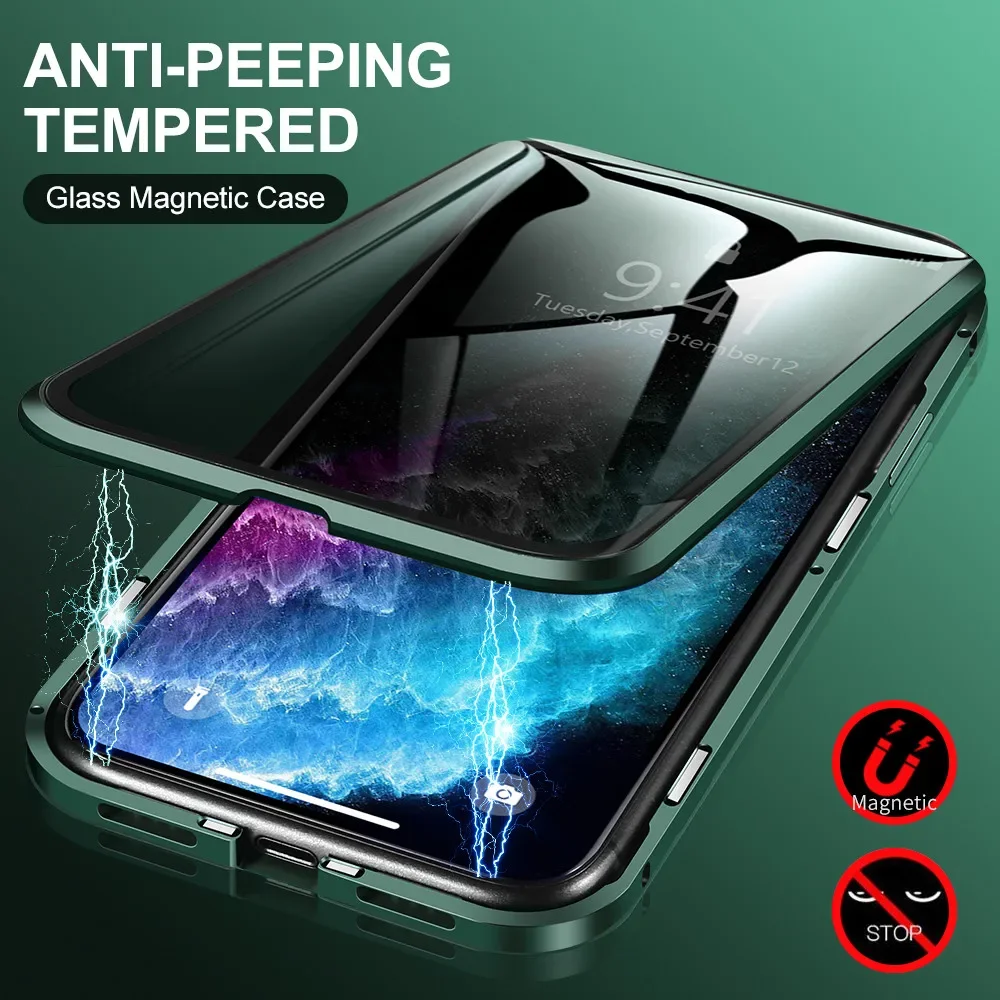 360 Full Cover Double Side Anti-peeping Privacy Magnetic Case For IPhone 16 15 14 13 11 Pro MAX XR X 8 Plus Tempered Glass Case