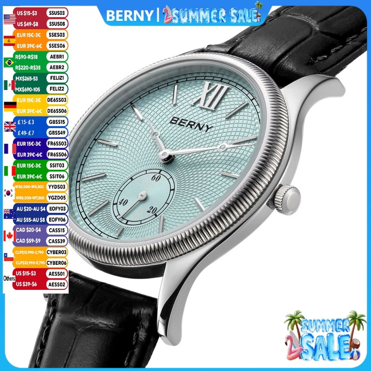 

BERNY Watches for Men Luxury Slim Classic Stylish Dress Quartz Watch Stainless Steel Case Elegance Leather Band Wristwatch