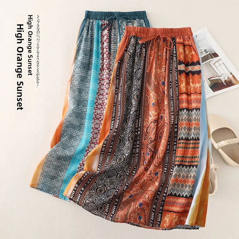 

Льняная юбка-миди трапециевидной формы в стиле ретро с этническим принтом, женская летняя новая длинная юбка с эластичной резинкой на талии и завязками для поездок на работу, высокая талия