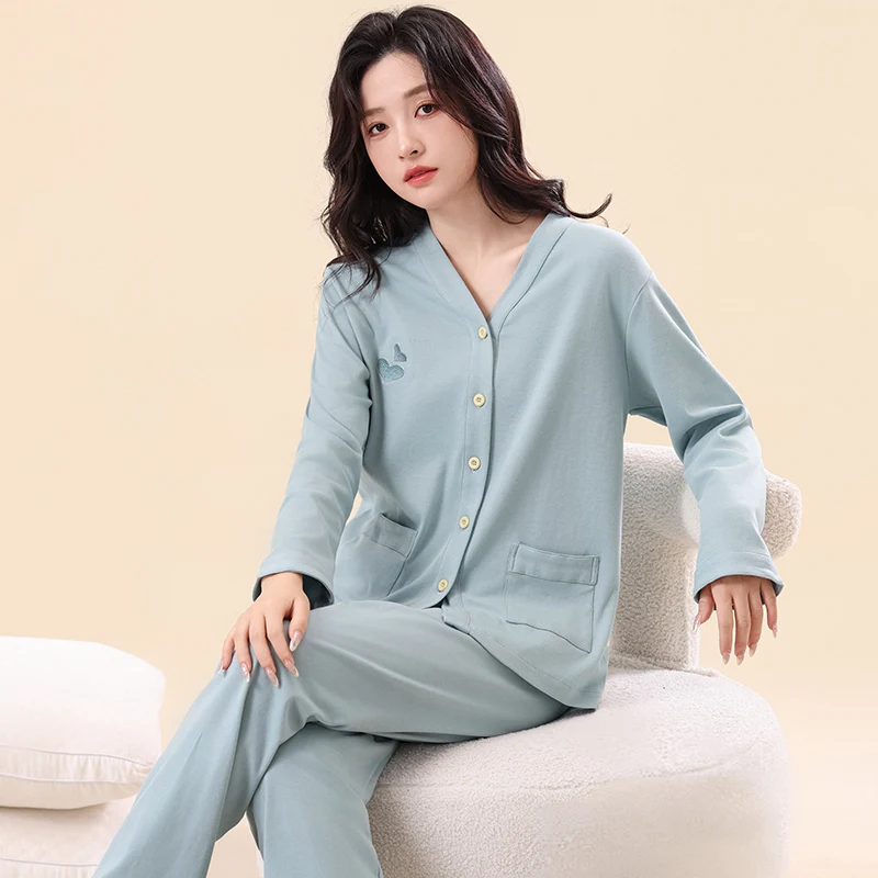 Home clothing for female full pure cotton pajama set women autumn and spring fashion v-neck cardigan solid color women sleepwear