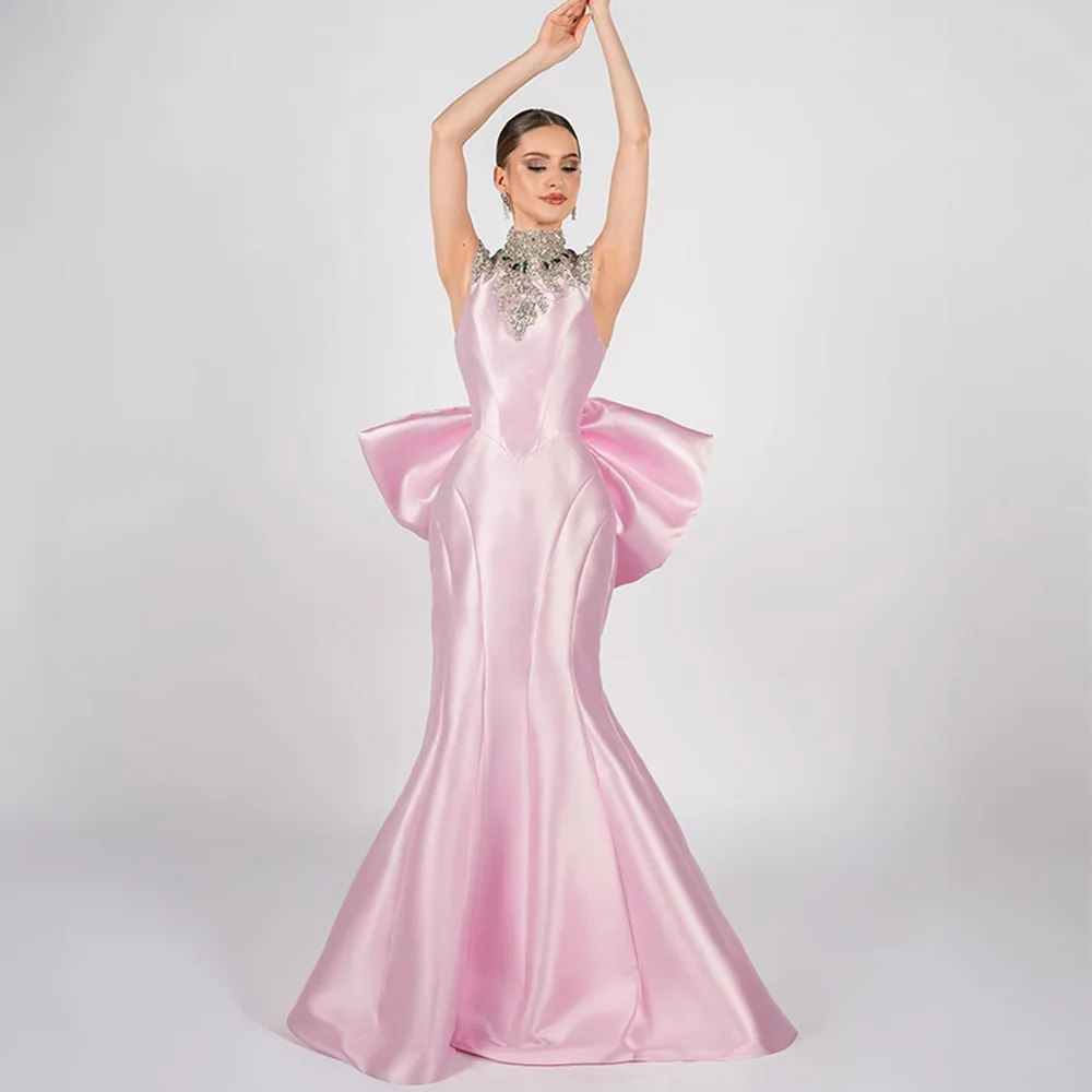 Sexy Mermaid Evening Dresses Customized High Neck Sleeveless Crystal Stones Back Big Bow Saudi Arabia Prom Gown Party Dresses