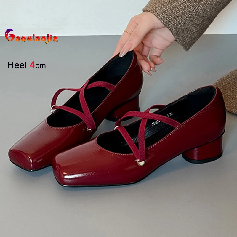 

Модные женские туфли-лодочки из лакированной кожи винного цвета на толстом каблуке 4 см с квадратным носком и перекрестной шнуровкой, весна-осень 2026, повседневные