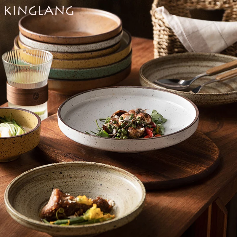 KINGLANG 2 Sizes Vintage Japanese Deep Plate Handmade Retro Dinner Plate Household Dish Plate Microwave Oven Safe Plate