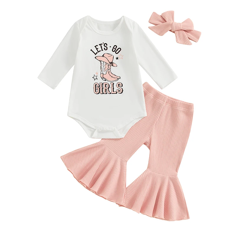 

Baby Girls Fall Outfits Letter Print Long Sleeves Romper and Elastic Ribbed Flared Pants Headband Set 3 Piece Clothes