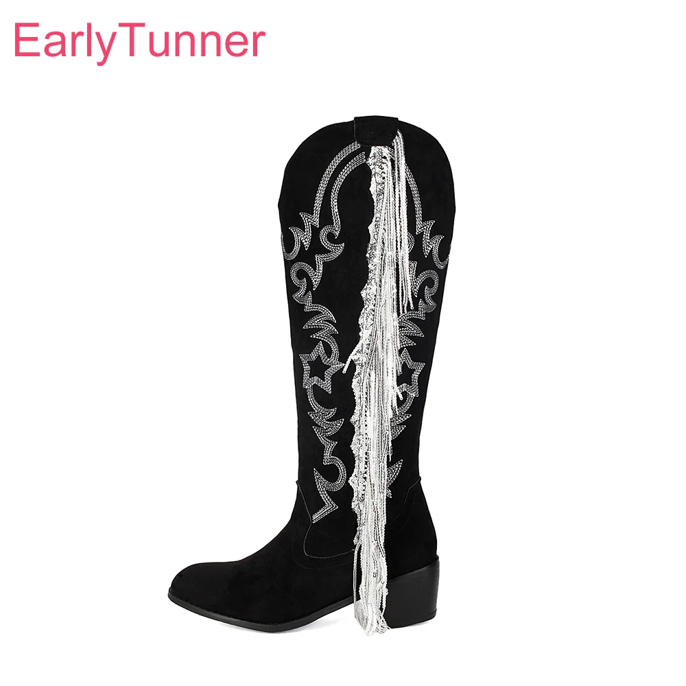 

2025 Новые зимние удобные черные женские сапоги до середины икры с круглым носком на среднем каблуке, женские модельные туфли, большие размеры 11 43 45