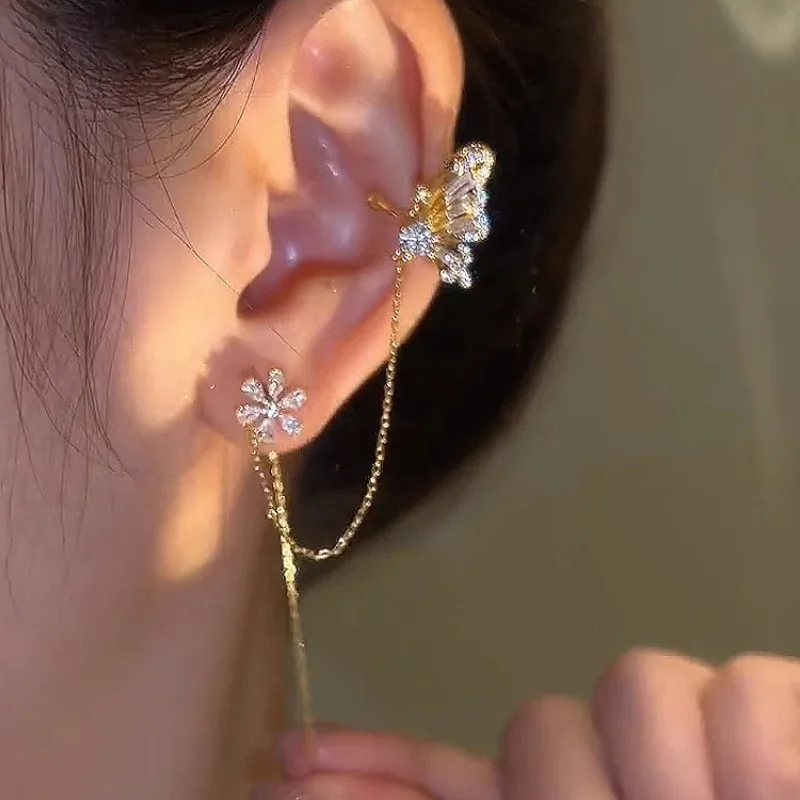 Small, Fresh, Light Luxury Style Butterfly Flower Ear Bone Clip Earrings with Ear Bone Clip and Ear Thread Integrated Micro Inla