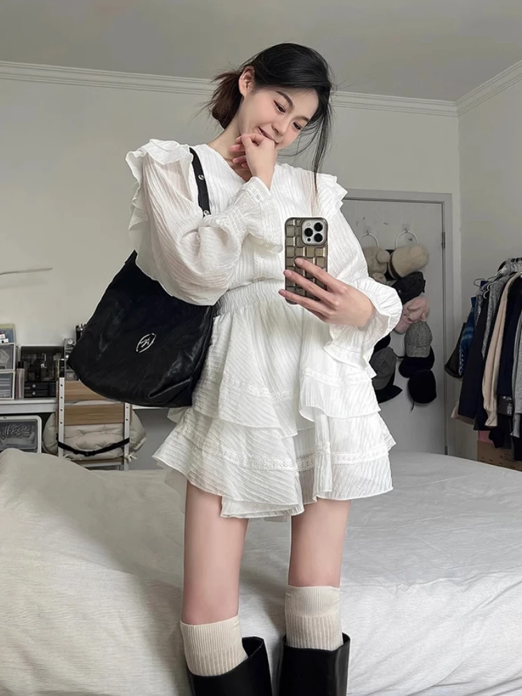 

ADAgirl White Ruffled V-neck Women's Shirt with Lace High Waisted A-line Mini Skirt Spring Office Ladies Two Piece Set Outfits