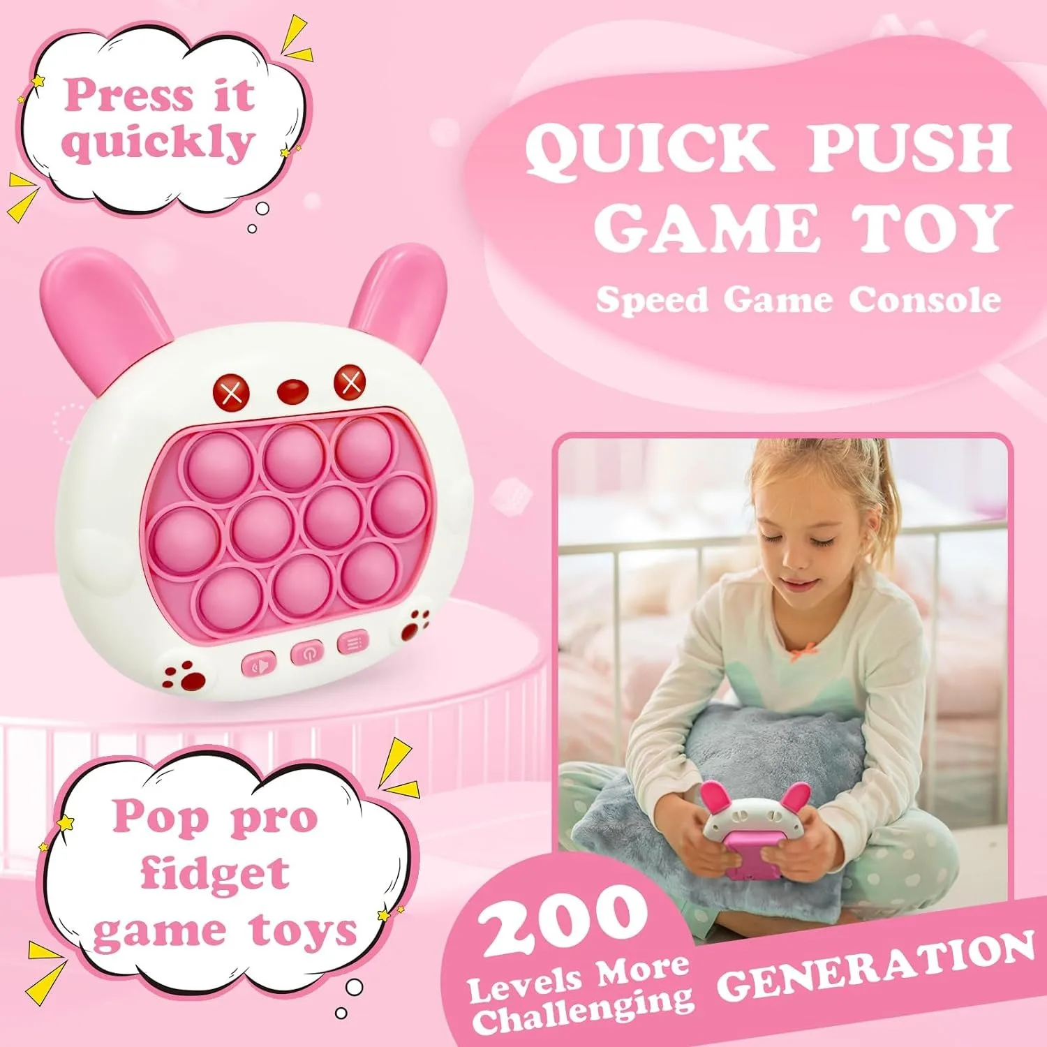 Pop Quick Push Game Cute Rabbit Console Fidget Toys Light Up Handheld Puzzle Press Popping Toy for Kids Adult