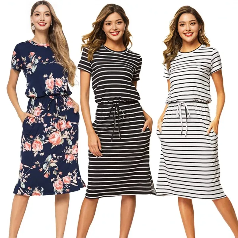 

Round neck patterned striped casual fashion belt, loose and comfortable women's clothing, European and American cross-border