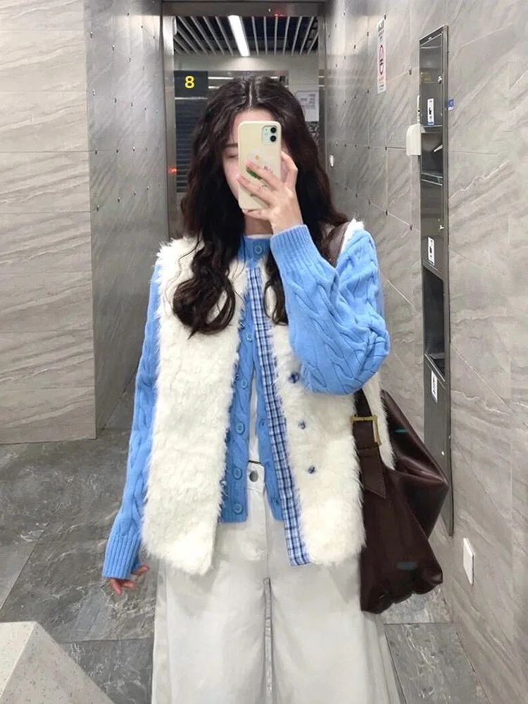 Koreańska kamizelka z miękkiego pluszu w patchworkowy wzór, damska, jesienno-zimowa, delikatna, odmładzająca, do noszenia warstwowo, długa, sweter...