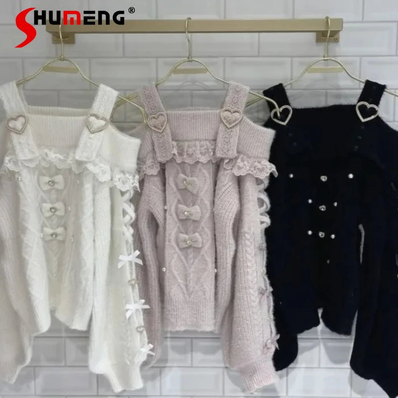 

Autumn Winter Sweet Design Classic Fluffy Heart Button Bow Knitted Sweater Three Colors Available Y2k Kawaii Top Knitwear Coat