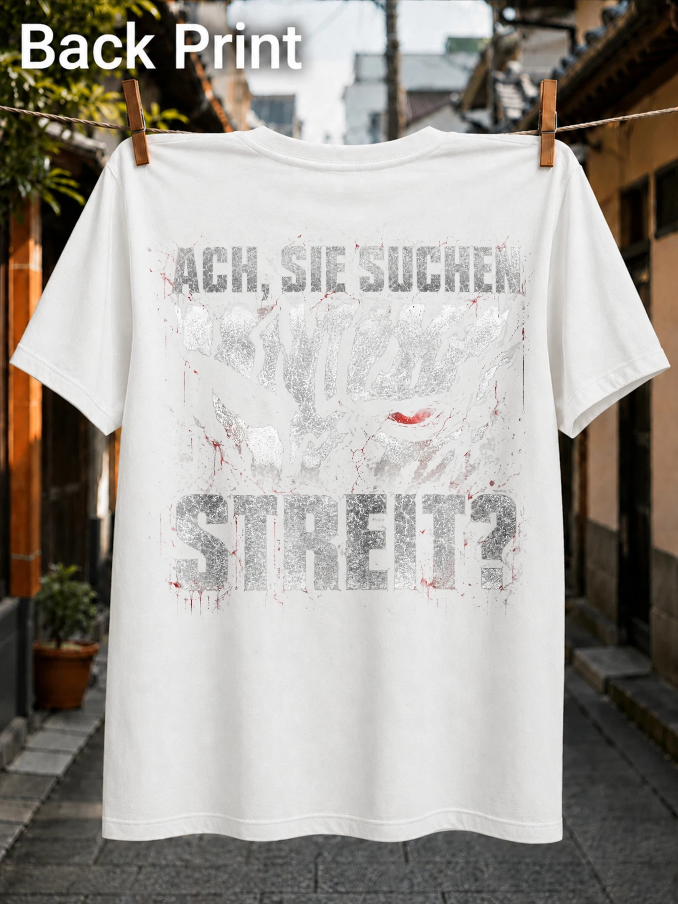 Ach Sie Suchen Streit quote with shadow monster face glowing red eye and cracked distressed dark  Unisex All T-Shirt