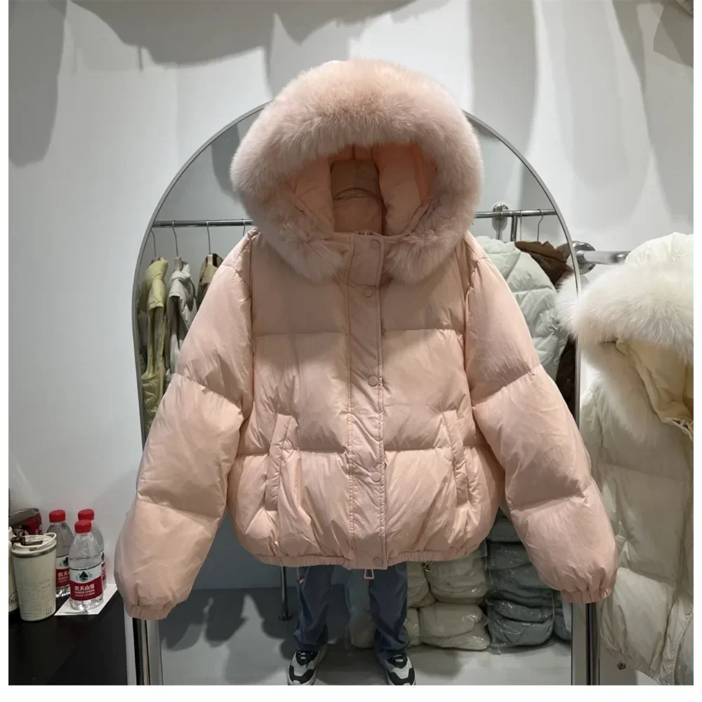 Real Big Fur Collar Hooded Fur Coats Puffer Jacket Fashion White Duck Down Jackets Female Women Winter Ladies Loose Overcoats