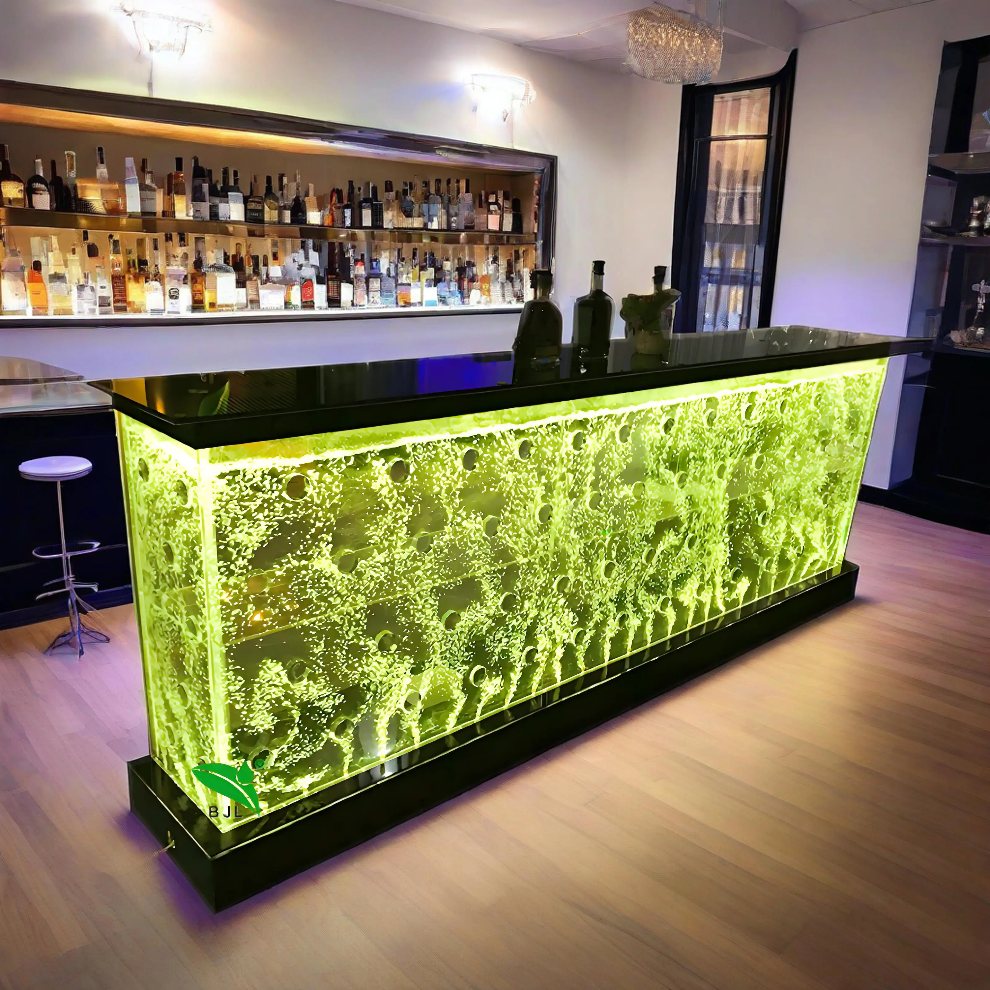 

Restaurant Bar Furniture Colorful Light Changing Led Acrylic Water Bubble Wall Wine Cabinet Bar Counter
