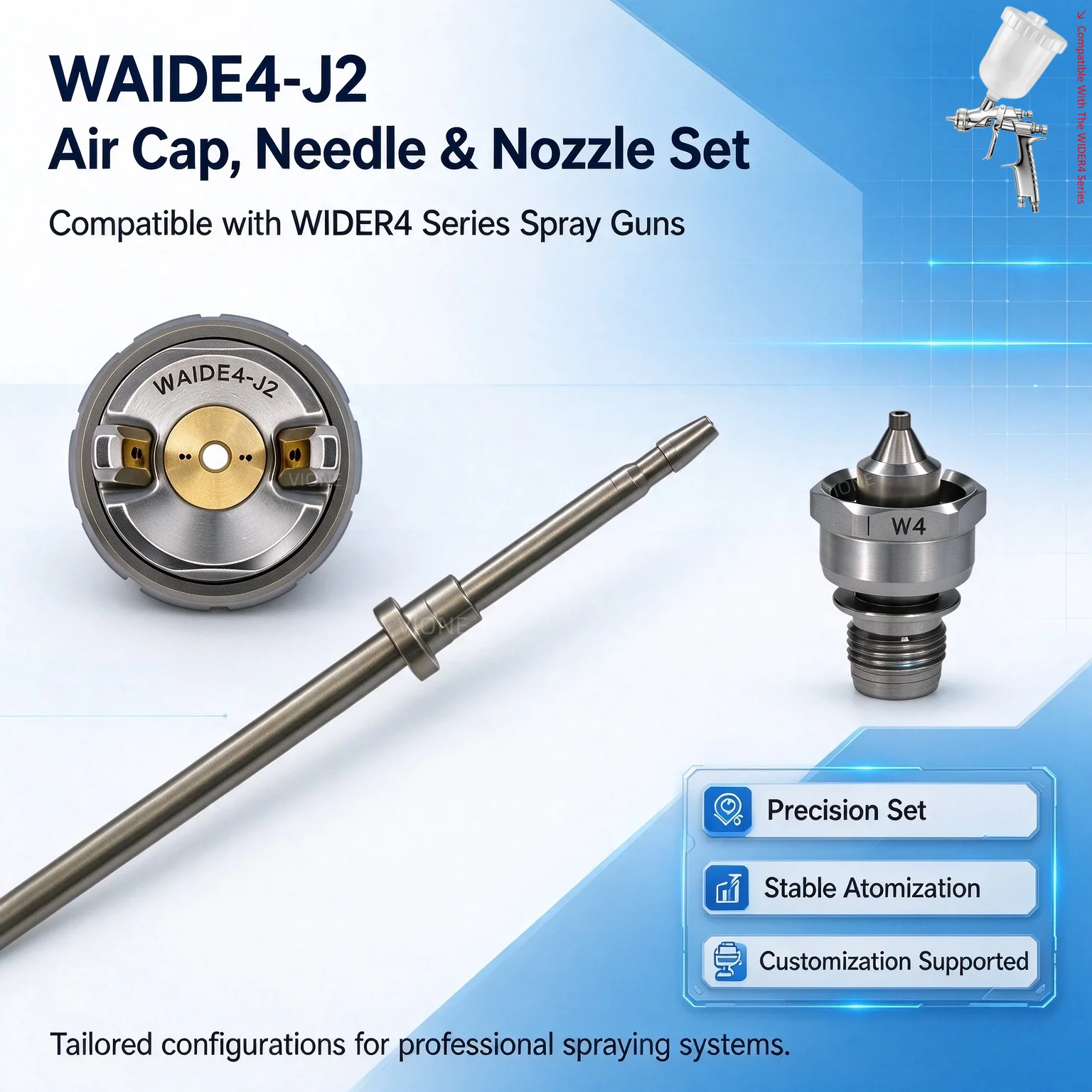 Japan Pneumatic Spraying WAIDE4-J2 Air Cap, Needle & Nozzle Set Compatible with the WIDER4 Series Quick Replacement