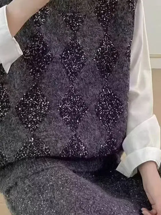 Dames gebreid kanten paneelvest rond Ne Svel Paillettenborduurwerk Warmte Bovenkleding Faion Commute Sle Thiened Loos...