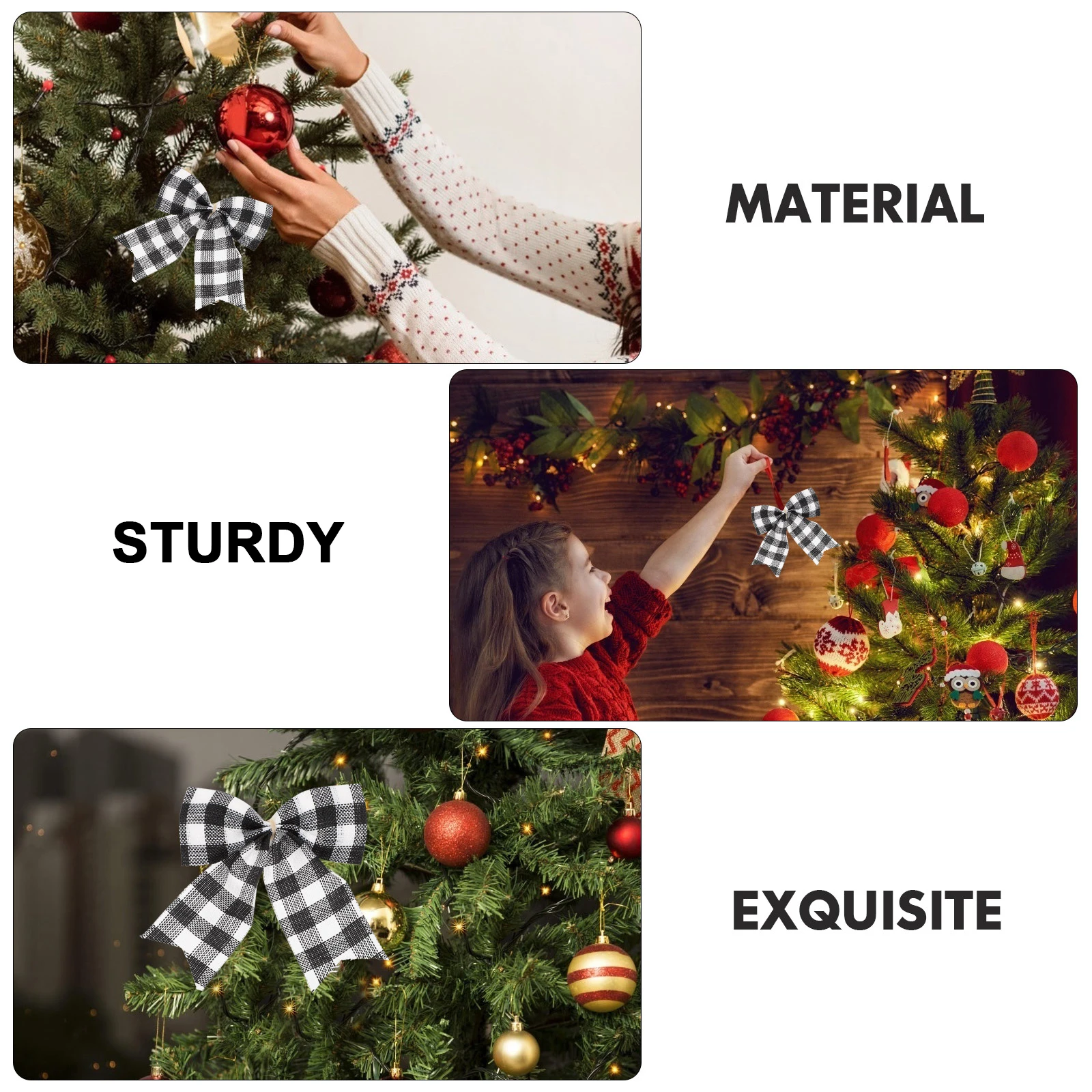 

12pcs Christmas Tree Bows Black White Plaid Decorative Bowknots Xmas Decor Party Hanging Ornament Reusable Lightweight