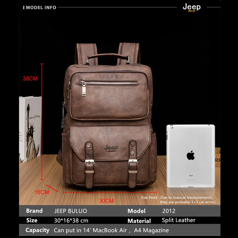 JEEP BULUO Casual 15 inches Laptop Bags Large Capacity Backpack Outdoor Travel Men\'s Bag Travel Split Leather Bags For Man New