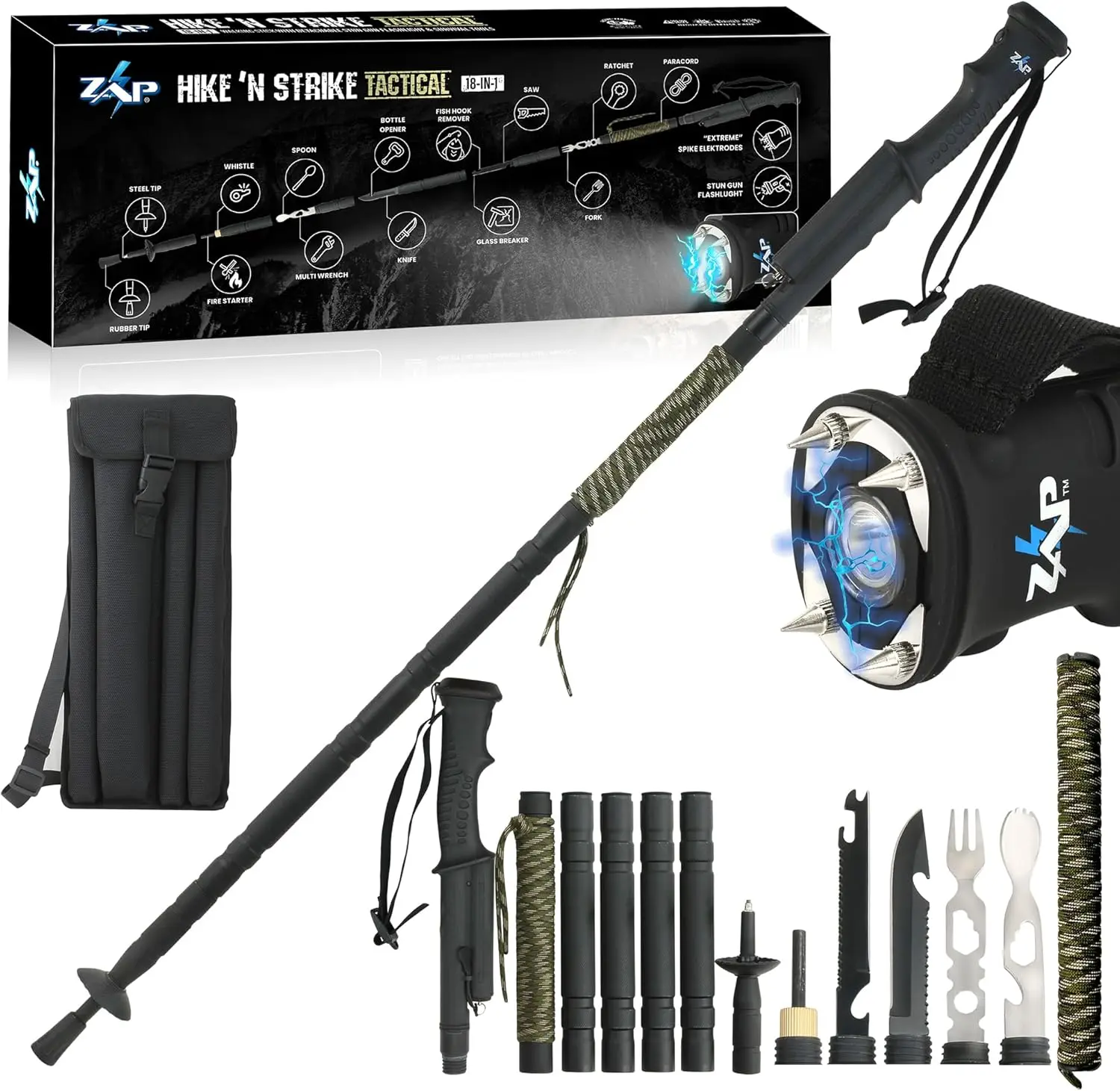 

18-in-1 Tactical Walking Stick with Stun Device, Flashlight & Survival Kit | Lightweight Collapsible for Hiking Safety