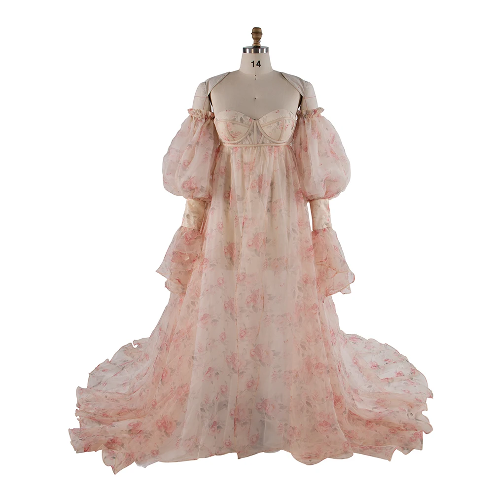 

Organza Maternity Dress Photo Shoot Print Floral Silk Soft Organza Off Shoulder Maxi Dress with Train YW230305