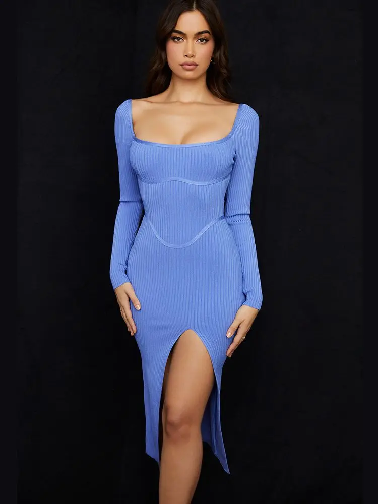 

women elegant Long Sleeves midi-length Bandage Dress Slit Sexy Slim Knitted Evening Dress party celebrity bodycon vestidos