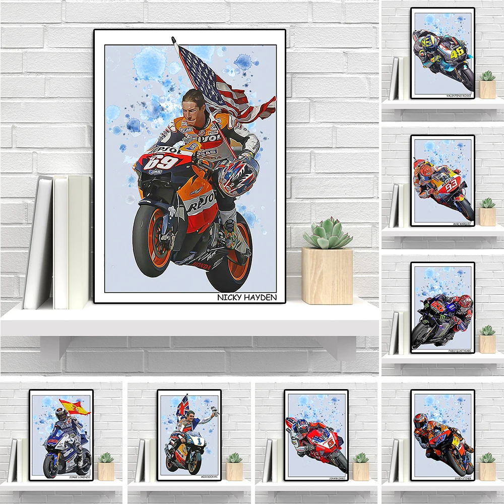 

Motorcycle Grand Prix Champion Rossi Racing Graffiti Canvas Painting Racer Marquez Watercolor Poster Print Wall Art Room Decor