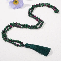 8mm Epidot Zoisite Knot 108 Mala Bead Necklace Meditation Prayer Jewelry Long Necklace for Men and Women