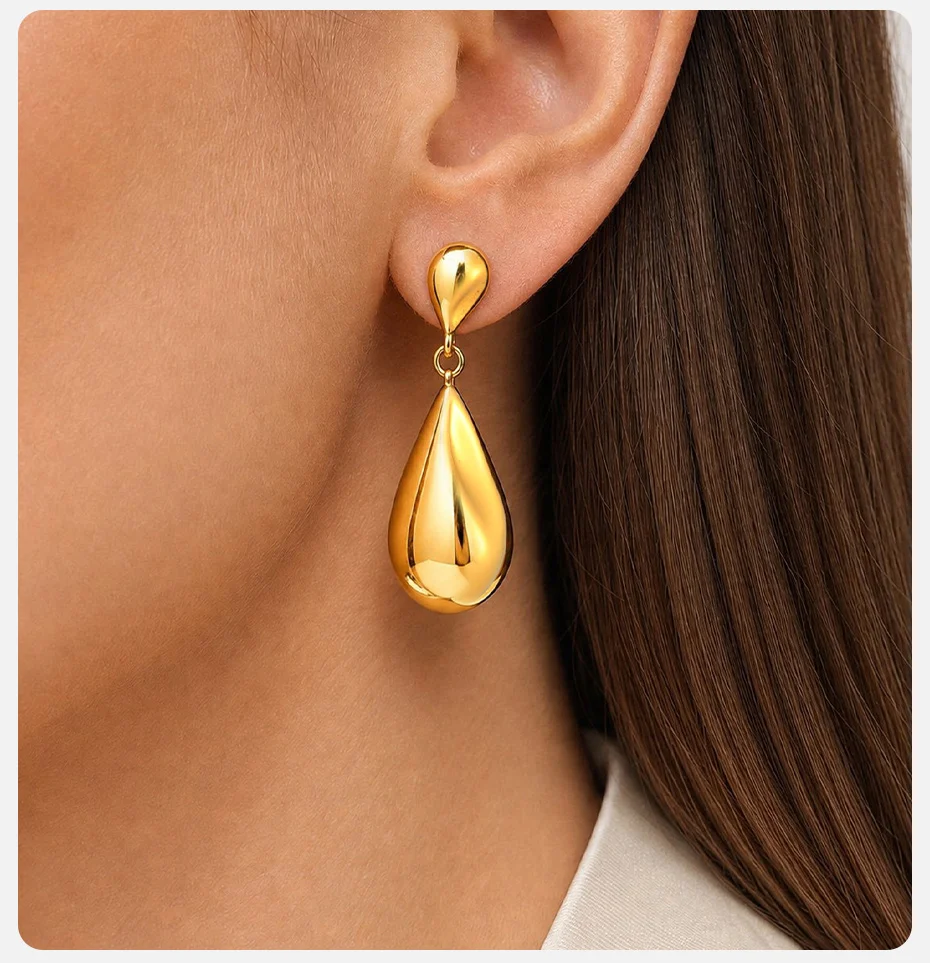 Vnox Elegante Tropfenohrringe für Damen, trendiger Edelstahl, 18K vergoldet, Naturstein, blauer Türkis, tropfenförmige Hängeohrringe – Detail 3