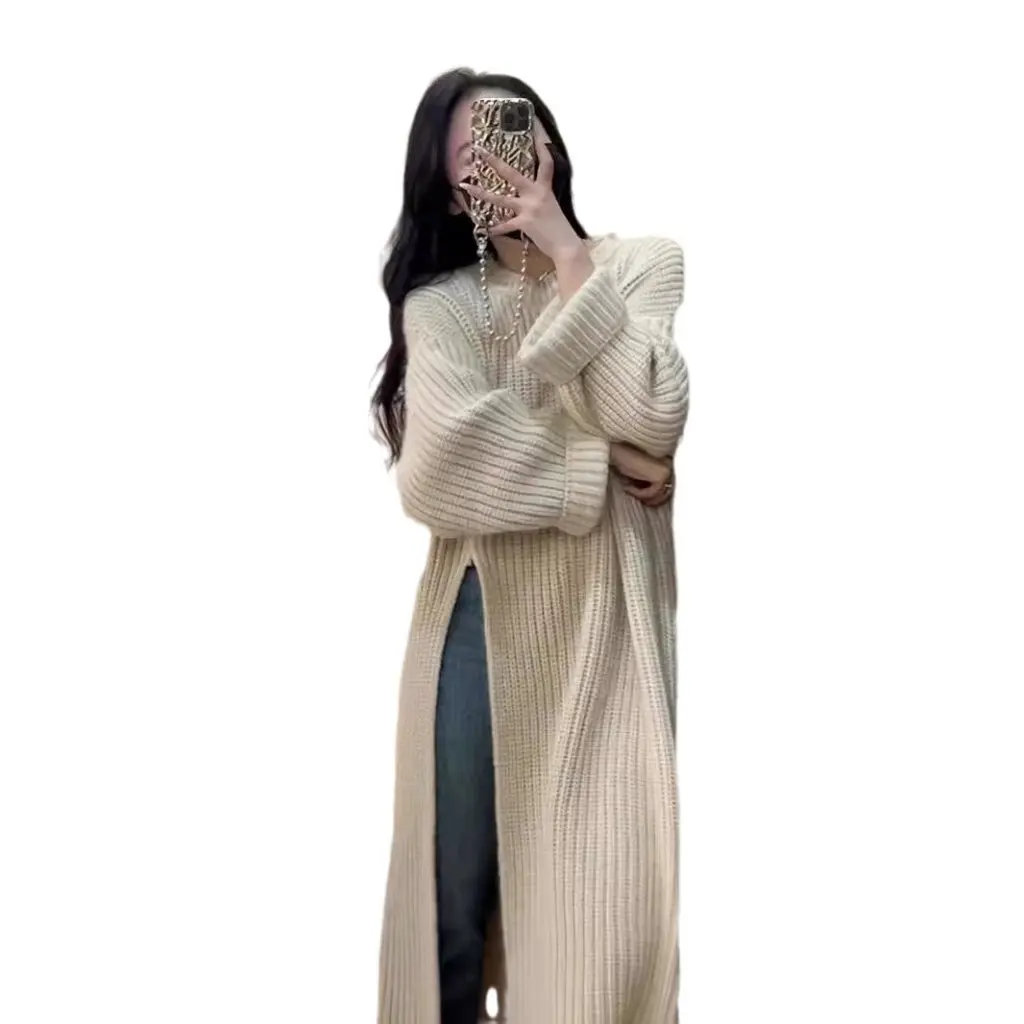 

Korean High Slit Design Knitted Outer Skirt Autumn Bat Sleeve round Neck Over-The-Knee Sweater Dress Lazy Style