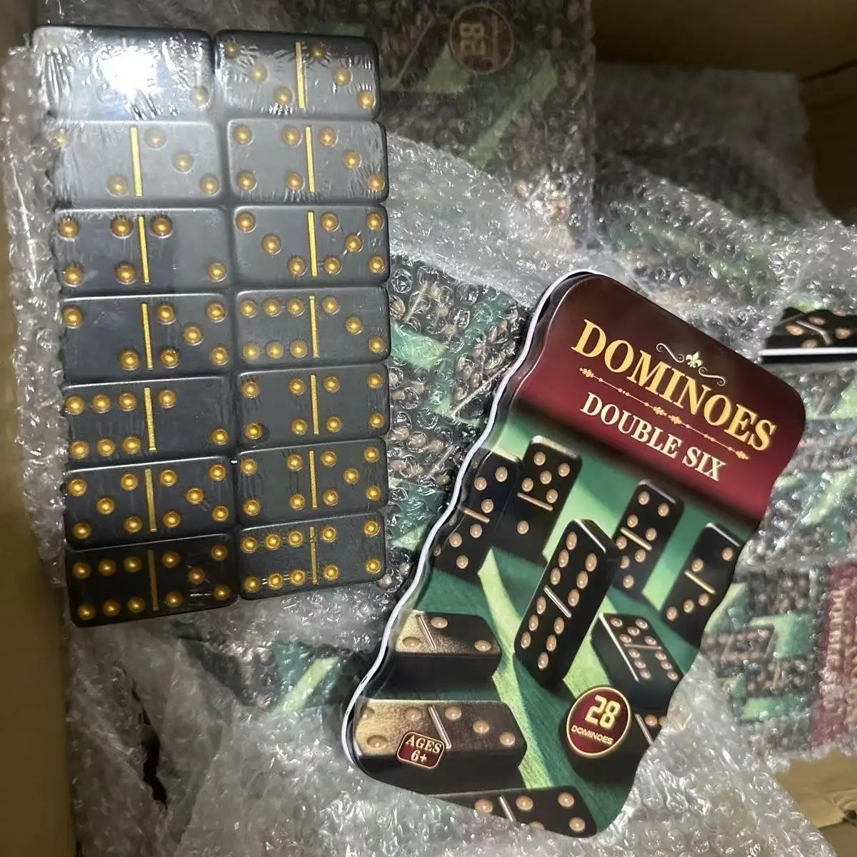 Double Six Dominoes Set, Black Domino Tiles with Gold Dots, Classic Number Board Game for Family Party, Travel and Indoor Entert