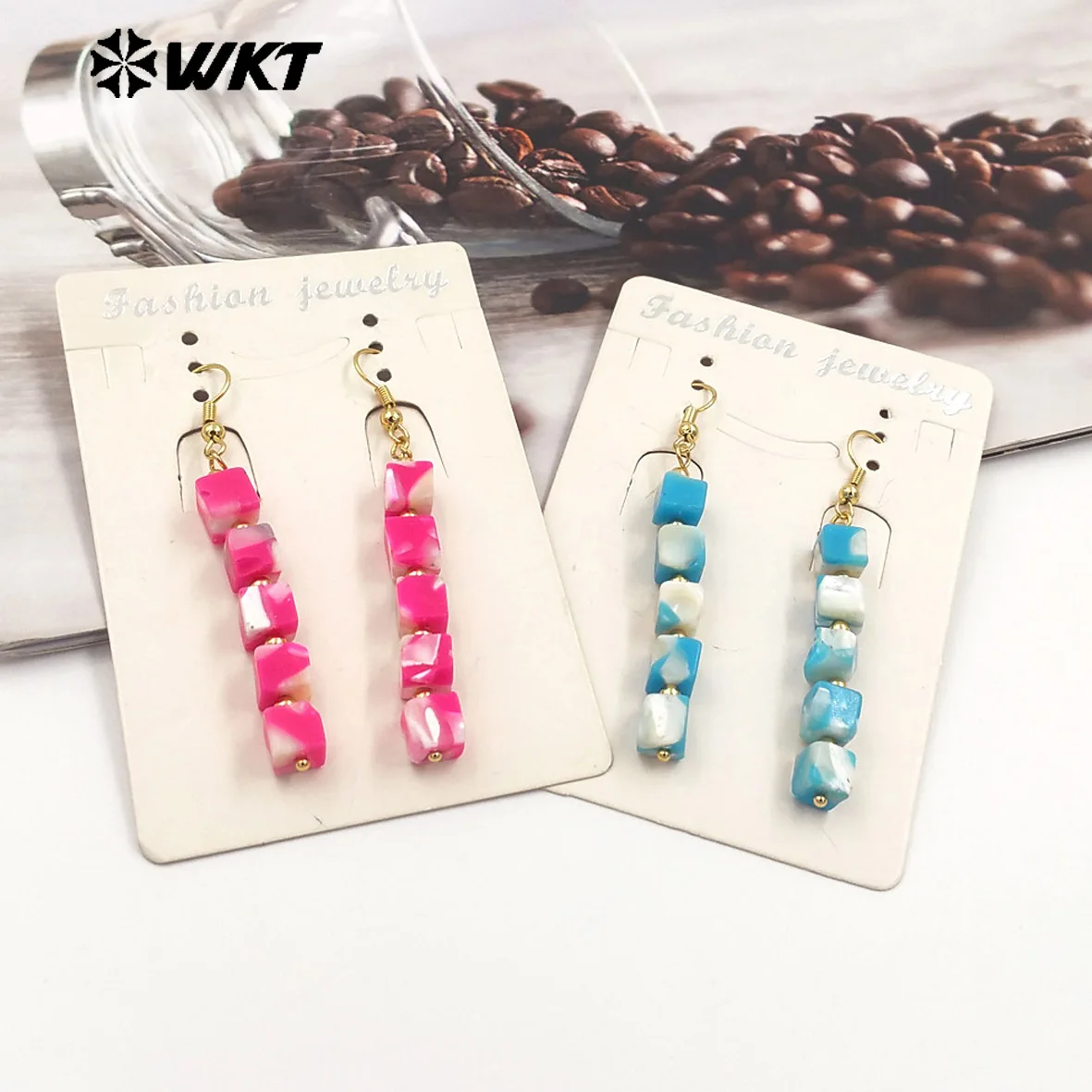 

WT-E750 Newest Vintage style Gold Long Dangle Square Shell Beads Handmade Lady Earrings For Spring 10Pairs