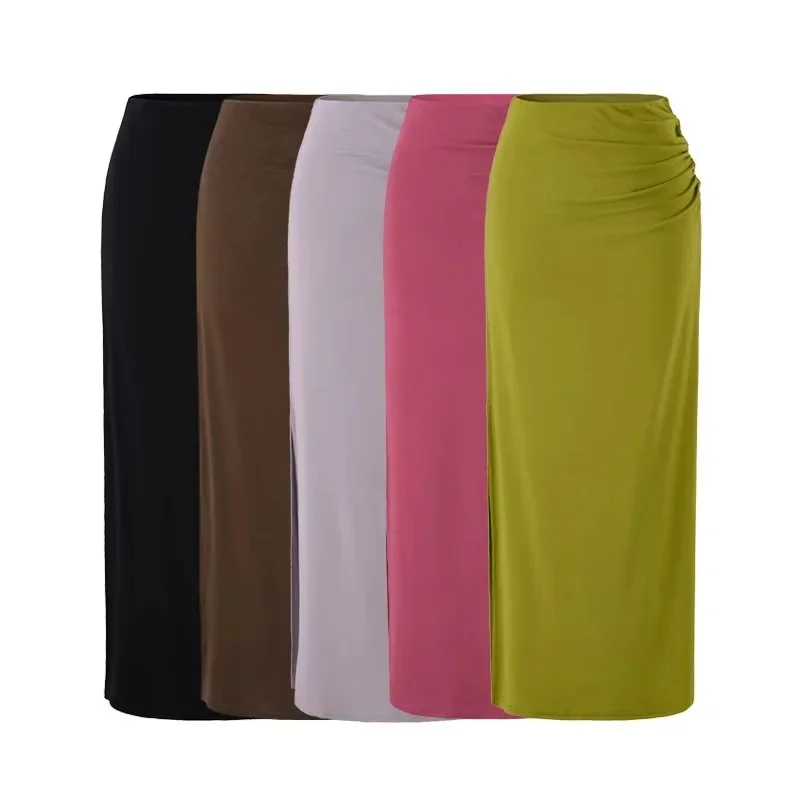 High Waist Side Pleated Straight Cut Casual  Skirt Women's Pure Color Asymmetrical Hemline Fashionable Summer Look