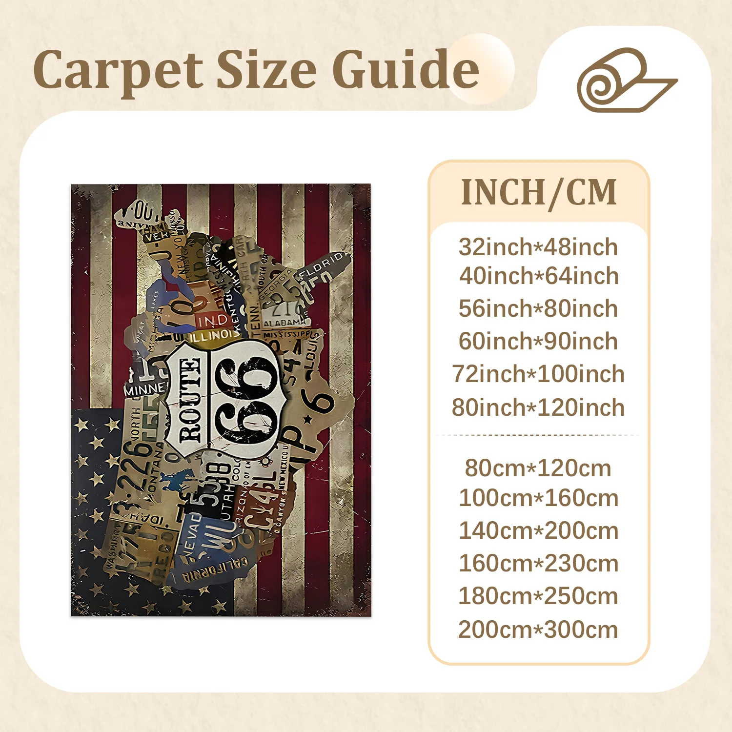 Large Indoor Area Rug, Soft Velvet Low Pile Rug with Non-slip Dotted Backing, Machine Washable Vintage Route 66 US Flag License Plate Pattern Rug for Living Room, Bedroom, Decorative Floor Mat