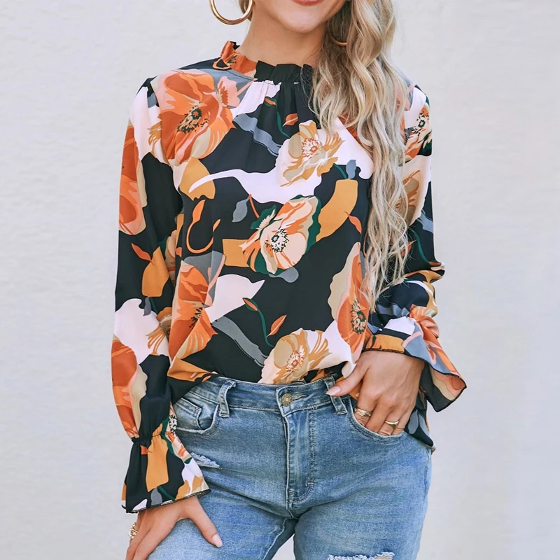 Edible Fungus Collar Tops Fashion Print Blouse Autumn New Casual Loose Shirts Long Flare Sleeve Women Clothes Blusas 29098