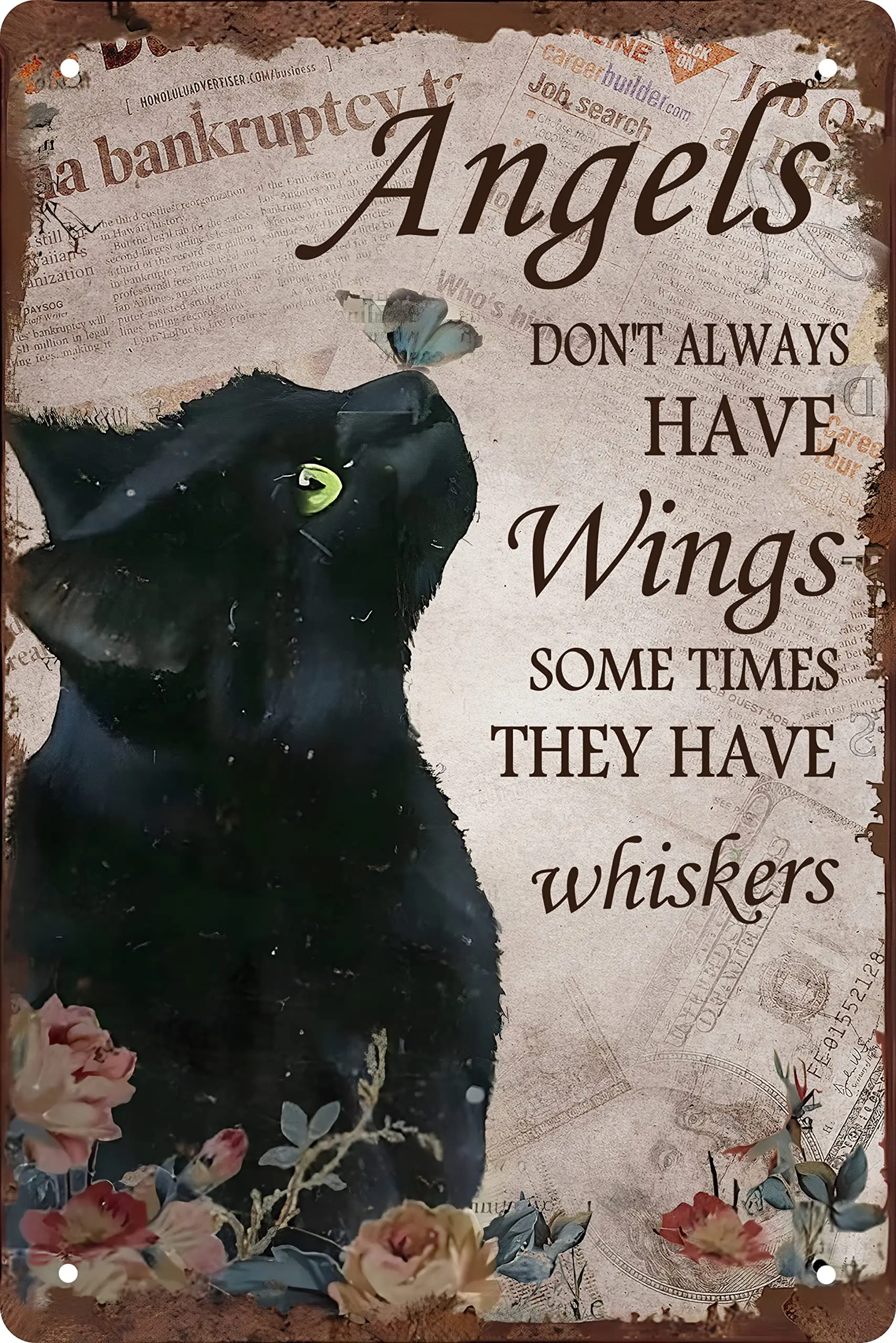 Vintage Black Cat Decor Cat Lovers Gift Retro Metal Tin Sign Angels Don;t Always Have Wings Sometimes They Have Whiskers Plaque