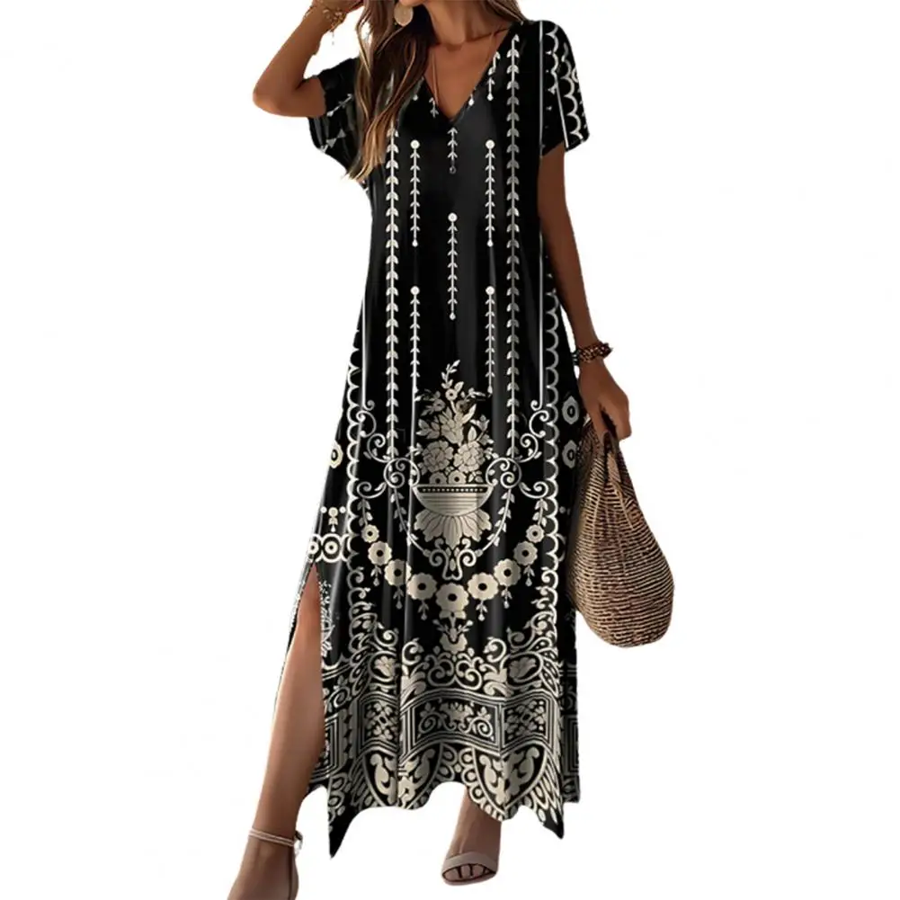 

V-neck Short-sleeve Dress Geometric Pattern Dress Geometric Print V Neck Maxi Dress with Split Hem Short Sleeves for Wear A-line