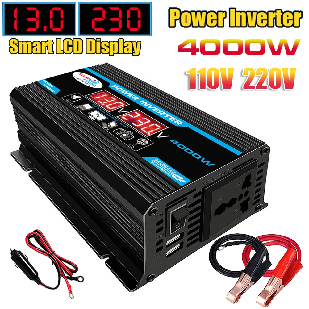 4000W Pure Sine Wave Car Power Inverter DC 12V to AC 220V 110V Voltage Transformer Dual USB Power Socket Converter for Car Home