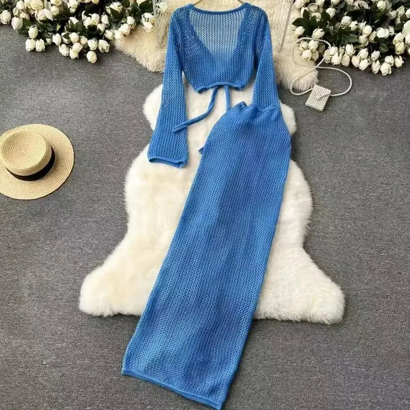 Bonny ถักแขนยาว Bonds Top One piece กระโปรงผู้หญิงชายหาดบิกินี่ Cover Up อาบแดดดูผ่านครีมกันแดด Smock