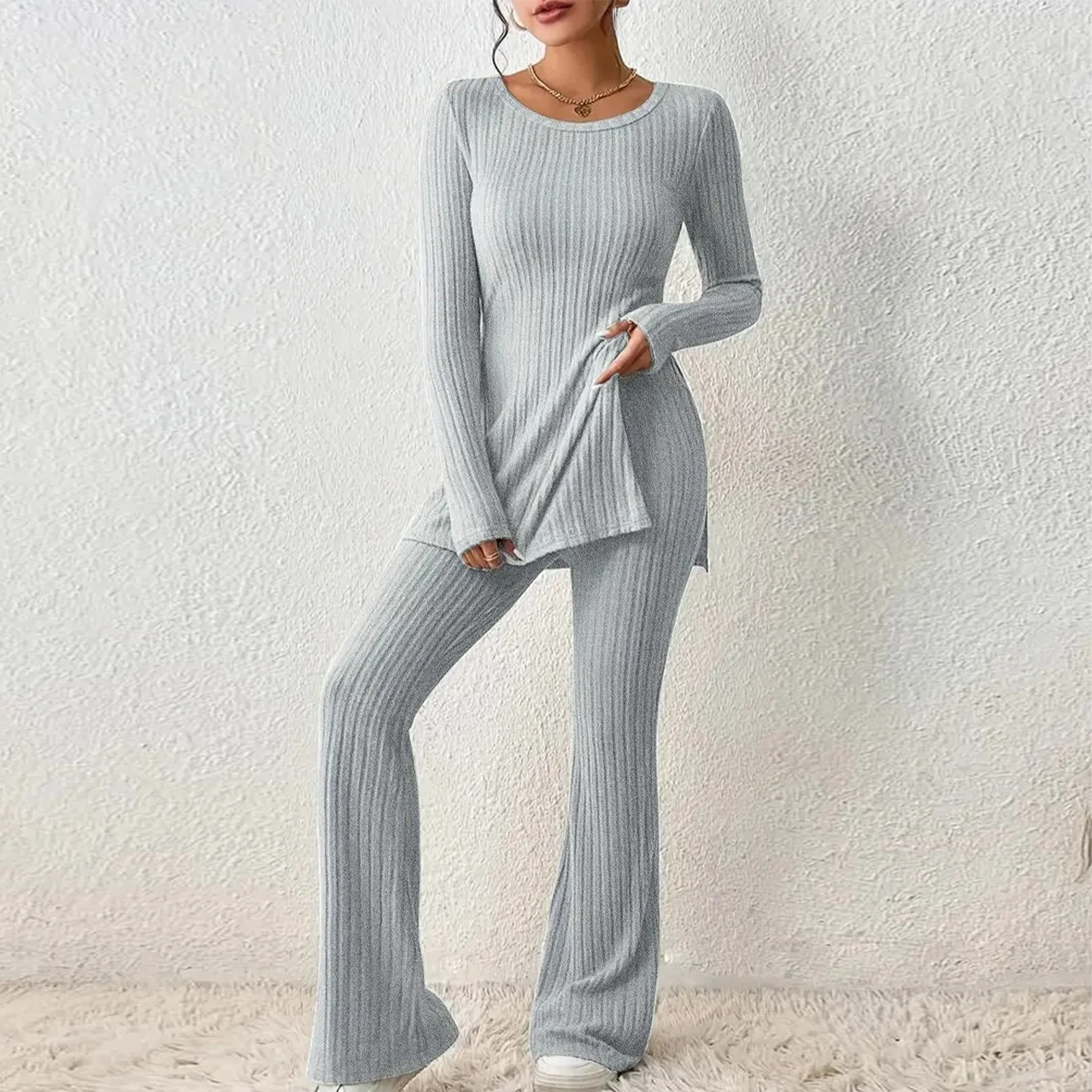 Women 2 Piece Loungewear Outfits Solid Color Slim Fit Slouchy Home Suits Comfortable Women Split Hem Tee And Flare Leg Pants Set