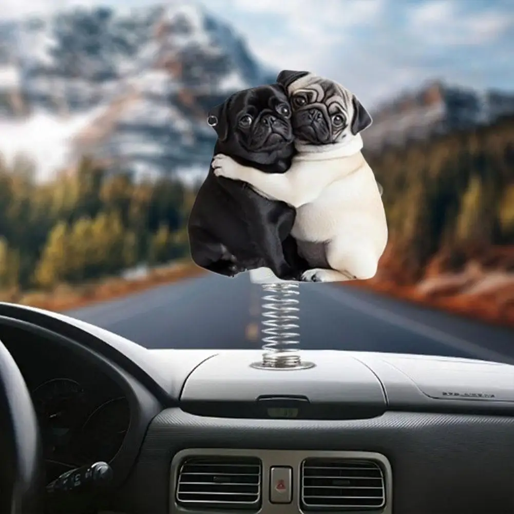 Cute 2D Pug Car Ornaments Kawaii Reading Dog Car Panel Dashboard  Spring Toys Decor Creative Accessories Gift