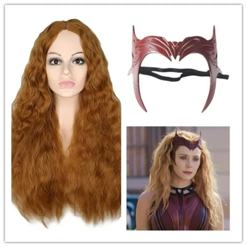 Scarlet Witch Wig Vision Wanda Maximoff Cosplay Wig Long Brown Middle Parting Curly Heat Resistant Hair Wigs   Wig Cap