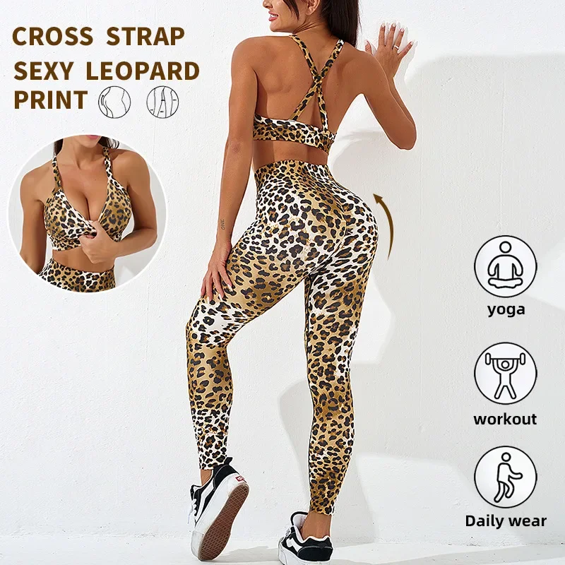 

Sexy Leopard Pattern Yoga Suit Sports Gym Fitness Pilates Bra Tights Pants Leggings Two Piece Set Workout Clothes for Women