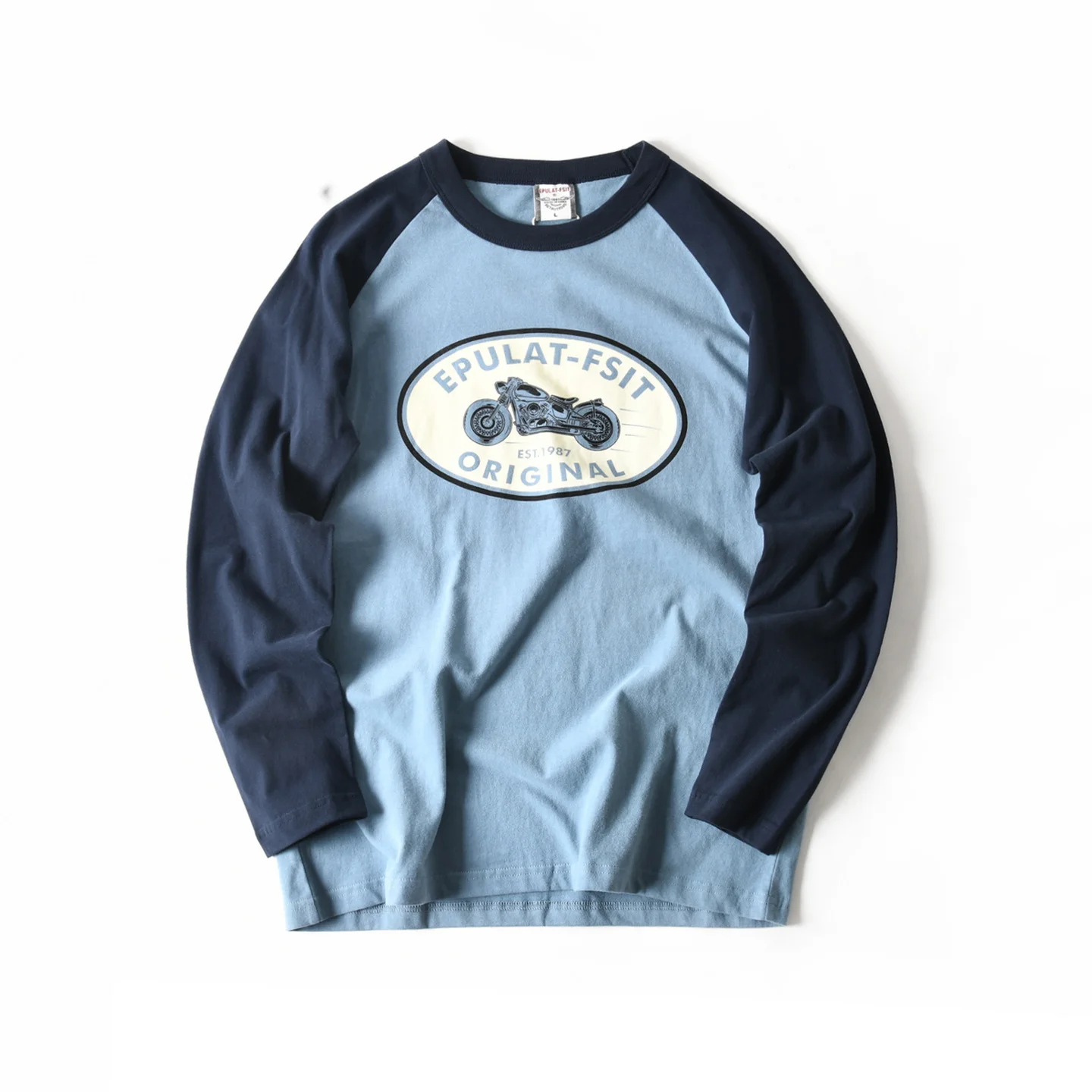 100% cotton retro motorcycle printing pattern rag-shoulder loose casual round neck long sleeve T-shirt for men autumn