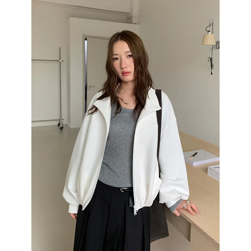 2025 Double Pull Head Stand-up Collar Short Jacket Autumn Simple Daily Commuter Cardigan Sweater Europe and America