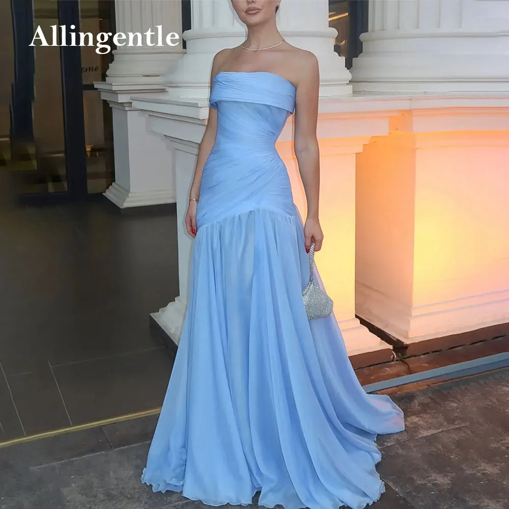 

Blue Strapless Evening Dresses Pleat Chiffon Long A Line Prom Dresses Women's Formal Occasion Dresses robe de soirée Customized