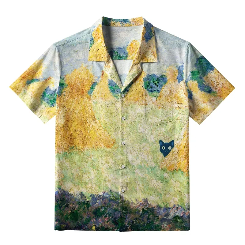 Camisa havaiana de férias para homens, estampa 3d, vintage, pintura a óleo, gato, verão, solta, havaiana, praia, tops, casual, lapela, blusa, roupas masculinas