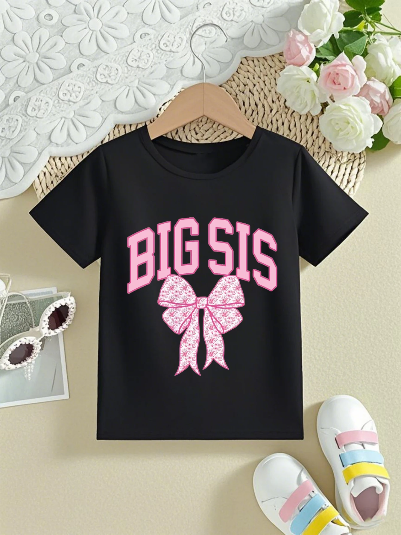 

Pink Bow Big Sis Graphic Printed T Shirt Girls Funny Kawaii Kids Clothes Summer Short Sleeve Tshirt White Black Tshirt