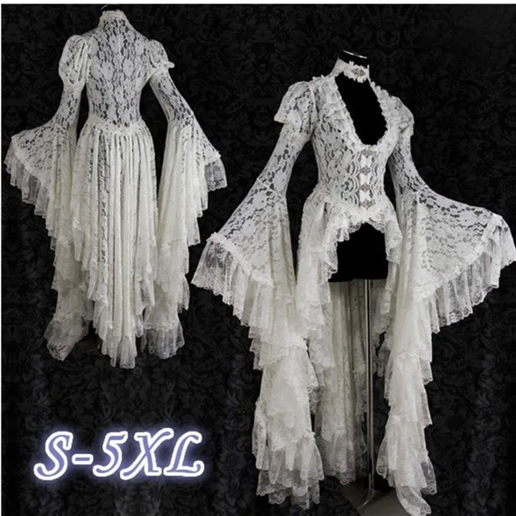 

Halloween Cosplay Costumes Vintage Dress Women Medieval Gothic Lace Bandage White Fancy Maxi Dress Vestidos Longo Dropshipping